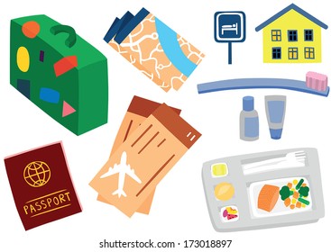 Traveling Essentials Set with Plane Tickets and Food, Suitcase, Hotel, Map and Passport