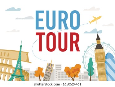 Traveling Euro City Tour Excursion and Destination. Famous Landmark and Sightseeing Attraction over Cityscape Silhouette Design. Flight Ticket to any Location in Europe. Vector Tourism Illustration