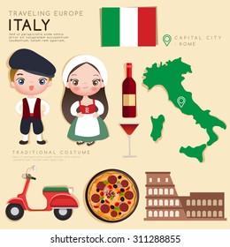 Traveling Europe : Italy Flat Icon Set : Vector Illustration