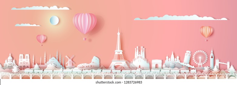 Viajando pela Europa marcos do mundo com trem e balão, Tour ao redor do mundo com paisagem urbana panorâmica, Capital popular, estilo de corte de papel Origami para cartões postais de viagem, ilustração vetorial.