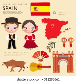 Traveling Europe : Spain Flat Icon Set : Vector Illustration