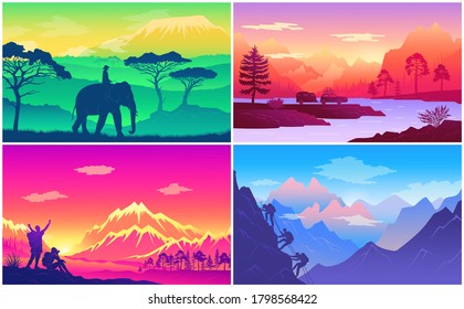 Traveling in exotic countries, africa, man riding at elephant, travel by car to river, happy tourisits near high mountains, climbing at rock, hiking, colorful illustrations, love traveling, explorers