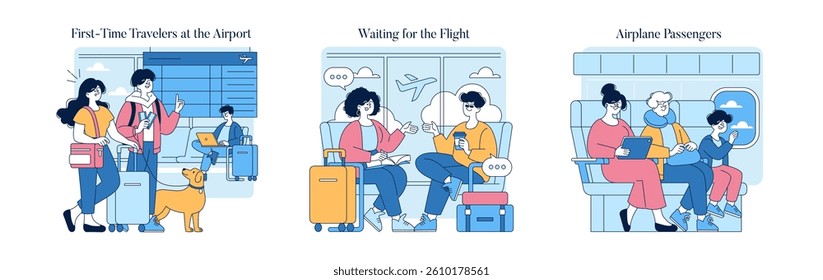 Traveling experiences at the airport depicted. Scenes show first-time travelers, passengers waiting for flights, and those aboard an airplane, capturing anticipation and connection during journeys