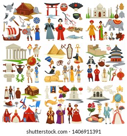 Traveling and exploration world history and countries culture epochs vector North vikings and Chinese couple Indians and Greek Egyptian pharaohs and Japanese Medieval and Renaissance or Baroque