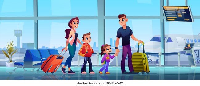 Traveling family and airport, mother, father and children with luggage in airport terminal. Vector parents and kids son daughter with luggage bags in hands. Airplanes and control tower outside window