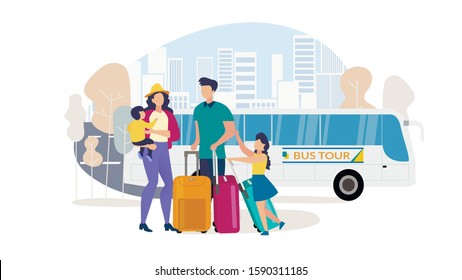 Traveling Family, Bus Tours for Tourist with Kids Trendy Flat Vector Concept. Mother and Father, Parents with Children Carrying Baggage, Going on Vacation Journey on Comfortable Coach Bus Illustration