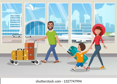 Traveling with Family by Airplane Cartoon Vector Concept with Happy Parents Carrying Trolley with Baggage, Walking with Child in Airport Terminal Corridor To Board Airliner Illustration. Vacation Trip