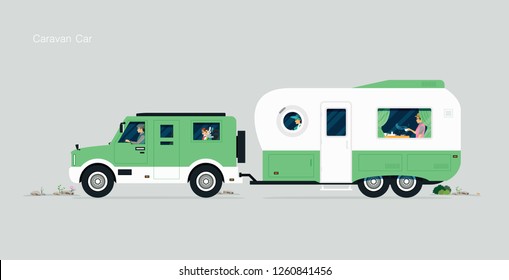 Traveling family by caravan car with gray background.