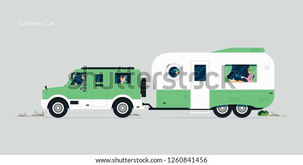 Traveling\
family by caravan car with gray\
background.