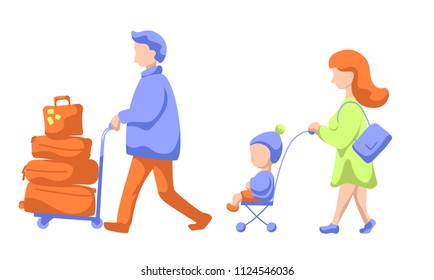 Traveling family with child and luggage trolley, modern flat vector illustration. Family leaving to summer vacation. Man, woman and child in airport. Wife and husband with kid traveling. Airport scene