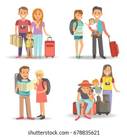 Traveling family children summer holiday tourism vacations vector flat icons