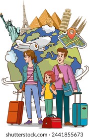 Traveling Family Going on Vacation Depicted Around a World Globe with Travel Items.