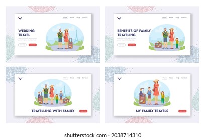 Traveling with Family Landing Page Template Set. Mother, Father and Children Characters with Luggage and Photo Camera Visiting France Eiffel Tower, Summer Vacation. Cartoon People Vector Illustration