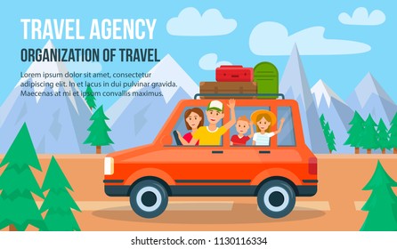 Traveling Family on Vacation. Happy Family traveling by Car. Tourism and Vacation on Summer. Father, Mother, Son and Daughter in Auto. Parents and Children traveling by Car on Background of Mountains.