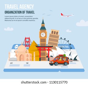 Traveling Family on Vacation. Parents and Children Travel World. Design for Travel Agency. Time to Travel in Vacation. Travel around Globe. Tourism and Vacation. Vector Illustration.