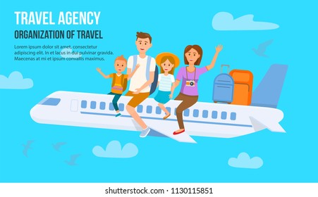 Traveling Family on Vacation. Family Travel. Father, Mother, Son and Daughter at Airport. Happy Family concept. Family Travel by Plane. Travel Agency. Organization of Travel. Vector Illustration.