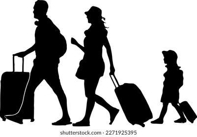 Traveling family silhouette, Sketch drawing illustration of Husband wife and kid girl going to traveling vacation with language