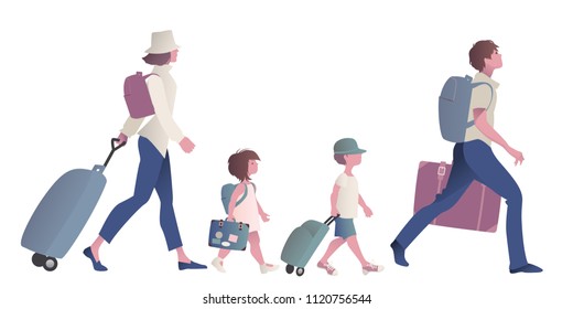 Traveling family with suitcases, backpacks and trolleys, isolated on white background. 