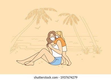 Traveling, family vacation, tourism during coronavirus pandemic. Mother and child in face masks sitting and having fun on seaside beach together at COVID 19 vector illustration 