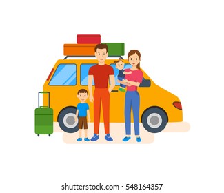 Traveling family. A young family with children go on a trip by car. They stop to see the sights and do a joint photo. Vector illustration. Can be used as commercial materials.