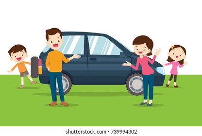 Traveling family. A young family with children go on a trip by car.family happy a new car