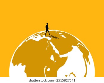 Traveling far. Businessman walks the wide world