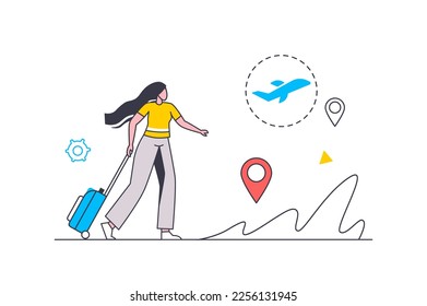 Traveling flat line concept. Woman with luggage goes on vacation, flies on tourist trip or resort. Holiday adventure and seasonal tourism. Vector illustration with outline people scene for web design