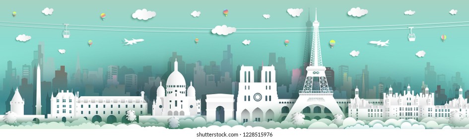 Traveling France with cabel car, balloon and airplane, Landmarks of world with city background, Travel around the world with panorama cityscape, Origami paper cut style for travel poster and postcard.