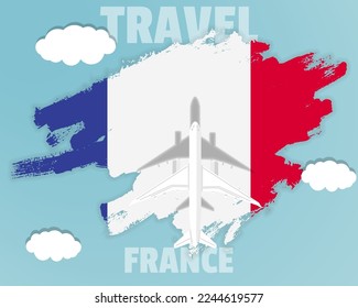 Traveling to France, top view passenger plane on France flag with clouds and weather, country tourism banner idea, vector design, brush splash
