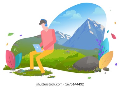 Traveling freelance worker with laptop vector, person with computer working online using internet. Mountains and nature, greenery of grass foliage
