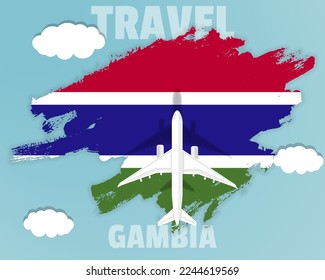 Traveling to Gambia, top view passenger plane on Gambia flag with clouds and weather, country tourism banner idea, vector design, brush splash