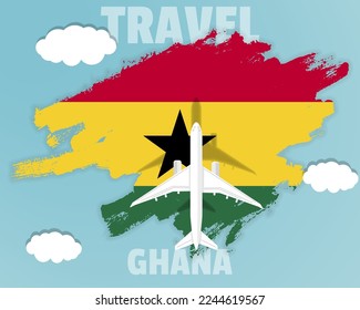 Traveling to Ghana, top view passenger plane on Ghana flag with clouds and weather, country tourism banner idea, vector design, brush splash