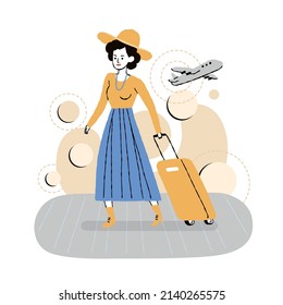 traveling girl in dress holding luggage with airplane and abstract graphic vector in background