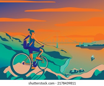 Traveling girl on bicycle. Traveler lifestyle design. A girl on a bicycle. Young girl admires the beauty of nature at the lake. woman traveler on a bicycle watching the sunset.