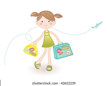 Traveling girl. Vector illustration of a cute girl doing her favorite thing in the world.