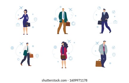 Traveling, Going on Work Trip, Flying on Plane Businesspeople Trendy Flat Vector Characters Set Isolated on White Background. Businesswomen, Businessmen, Company Employees with Briefcase Illustrations