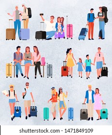 Traveling group family couple, people going on summer vacation. Cartoon characters, tourists and travelers with luggage, suitcases and bags vector. Group of young friends. Famify weekend. Flat cartoon