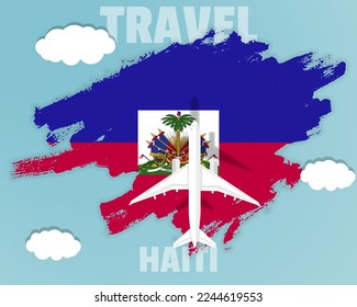 Traveling to Haiti, top view passenger plane on Haiti flag with clouds and weather, country tourism banner idea, vector design, brush splash