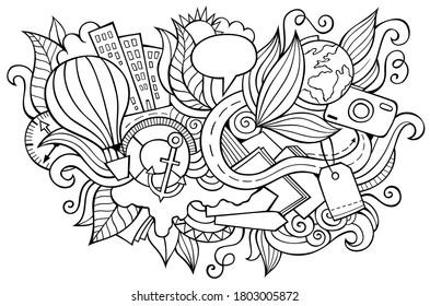 Traveling hand drawn cartoon doodles illustration. Funny travel design. Creative art vector background. Vacation symbols, elements and objects. Sketchy composition