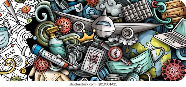 Traveling hand drawn doodle banner. Cartoon vector detailed flyer. Illustration with Pandemic Travel objects and symbols. Colorful horizontal background