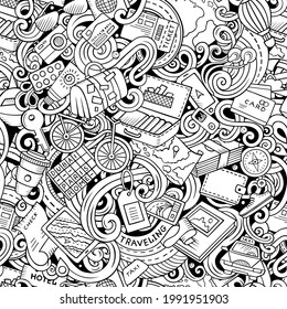 Traveling hand drawn doodles seamless pattern. Travel planning background. Cartoon journey fabric print design. Sketchy vector voyage illustration