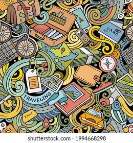 Traveling hand drawn doodles seamless pattern. Travel planning background. Cartoon journey fabric print design. Colorful vector voyage illustration