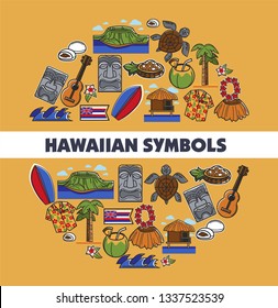 Traveling Hawaiian symbols Hawaii island vector bungalow and volcano surfboard and tiki statue guitar and palm turtle and straw skirt coconut cocktail and pineapple salad flower ornament shirt