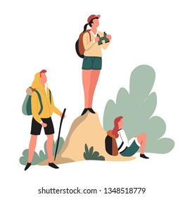 Traveling hikers backpacks and binoculars hiking outdoor activity vector man and woman with rucksacks looking on road standing on rock walking camping or tracking wild nature sport backpacking