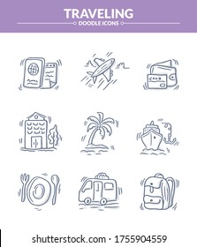 Traveling - Holiday Doodle Icon set, Trendy sketching - hand drawn doodle concept