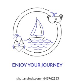 Traveling horizontal banner with sailboat on waves, cocktails and swimsuit in circle.