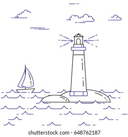 Traveling horizontal banner with sailboat on waves and lighthouse. Line art vector illustration isolated on white background.