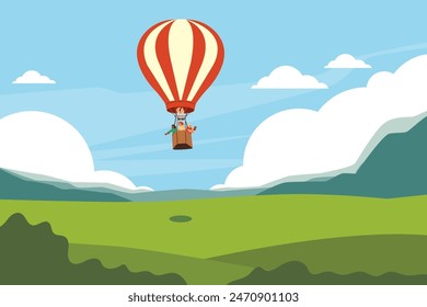 Traveling in a hot air balloon. The vector illustration depicts characters during a hot air balloon flight, observing the beauty of nature. An elegant addition to travel and festival visuals.