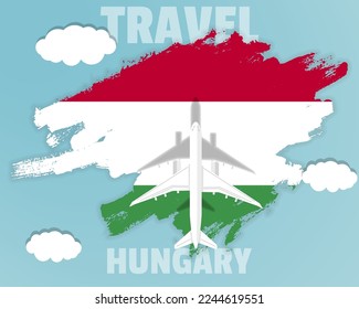 Traveling to Hungary, top view passenger plane on Hungary flag with clouds and weather, country tourism banner idea, vector design, brush splash