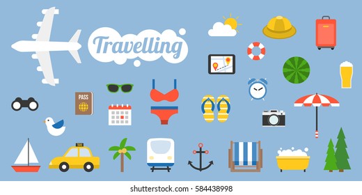 Traveling icon and elements in flat design style, holiday and vacation concept